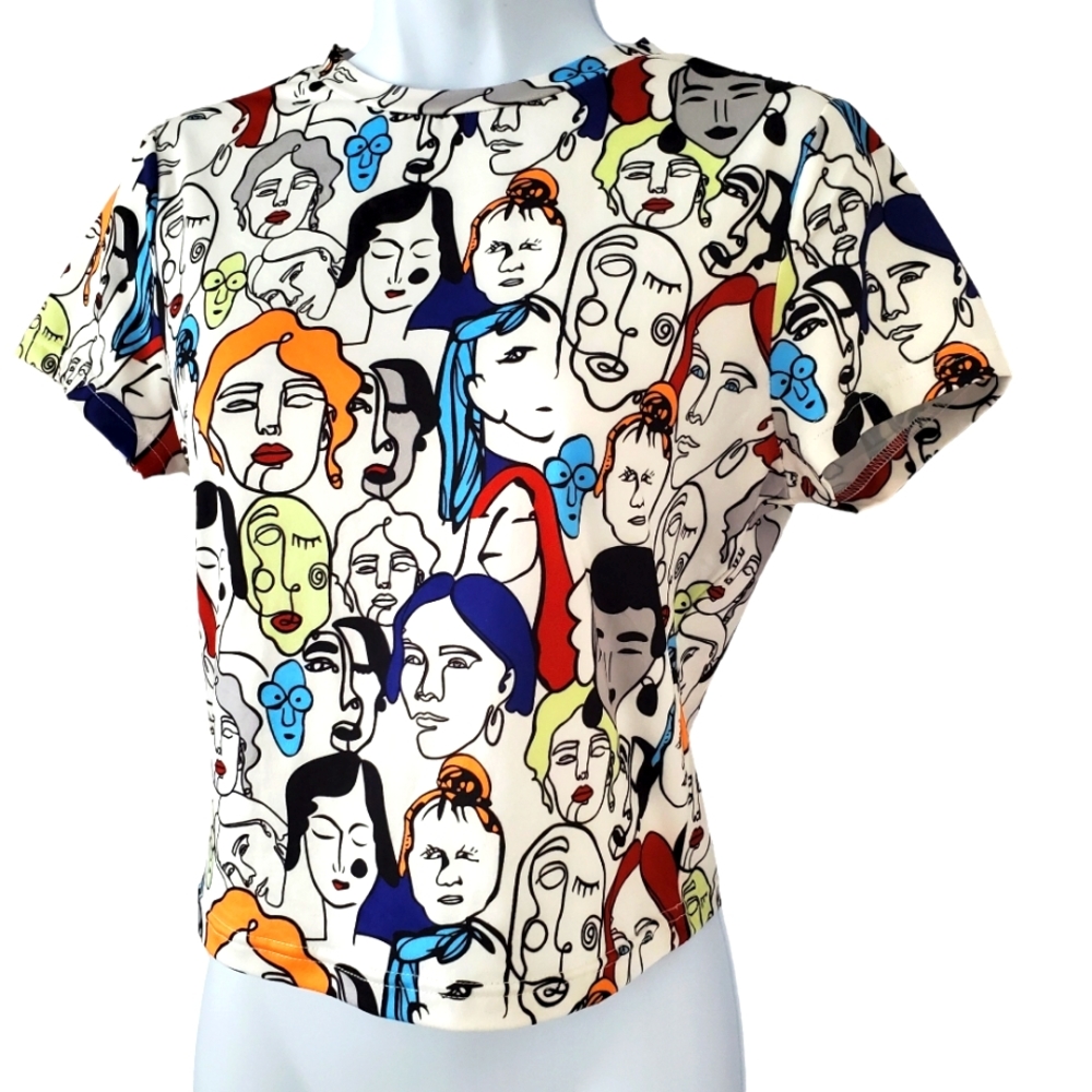Abstract crop top with colorful abstract faces
